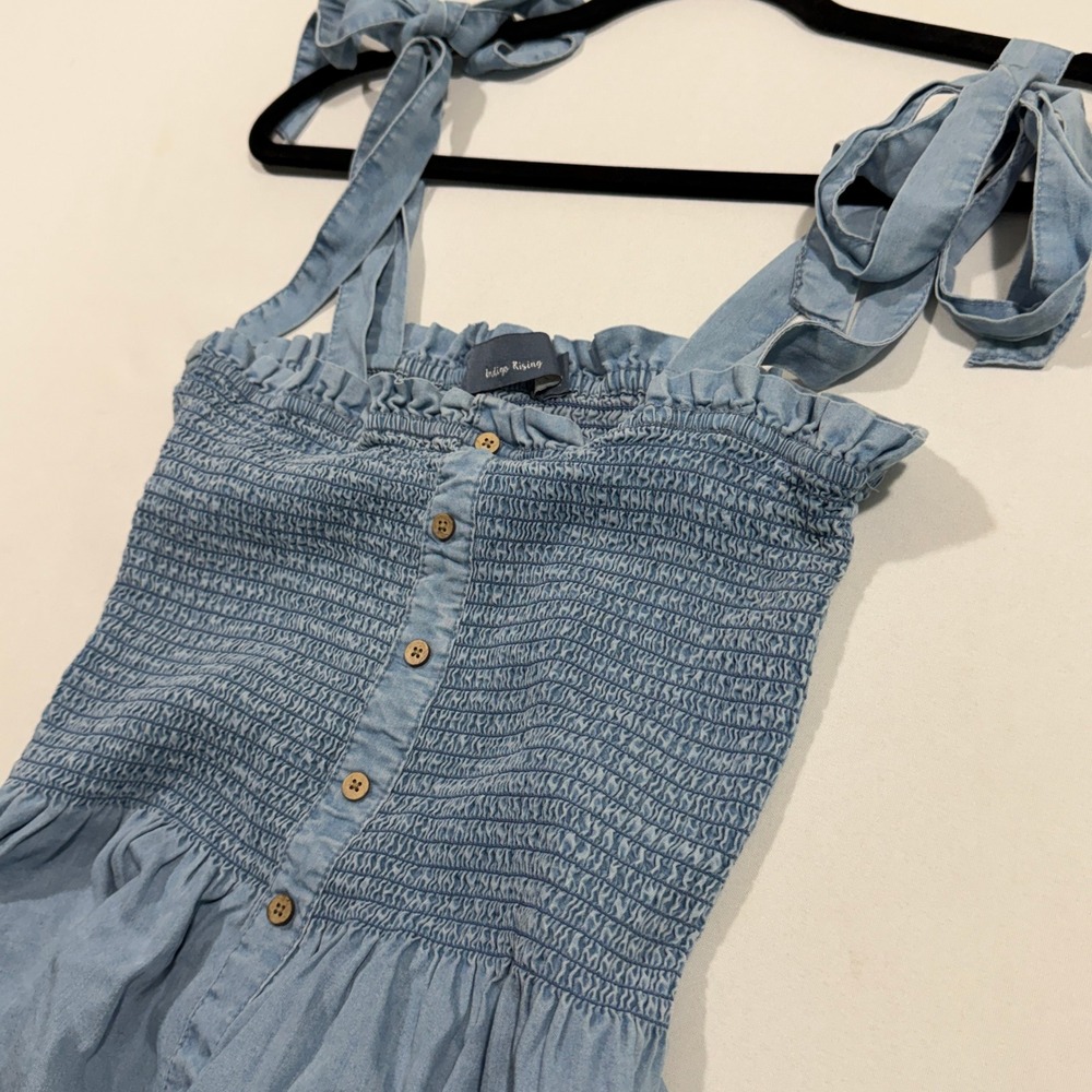 Indigo Rising Smocked Tie Strap Top Women L Light Blue Denim Look Peplum Cami